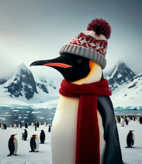 An emperor penguin with scarf and cap in the Antarctic ice, AI generated, AI generated