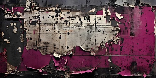 Vintage style collage featuring textured grunge posters in hues of grey and magenta, AI generated