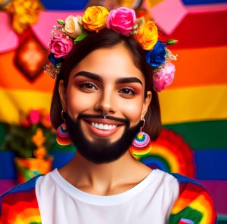 A person with a beard with male and female characteristics in front of the rainbow flag, symbol