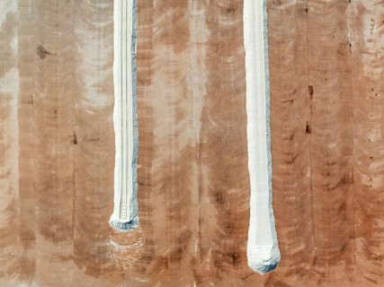 Detail at the Bonanza salt works near Sanlúcar de Barrameda. Aerial view. Drone shot. Cádiz