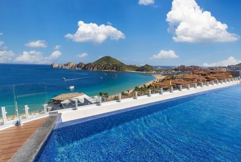 Scenic panoramic aerial view of Los Cabos landmark tourist destination Arch of Cabo San Lucas