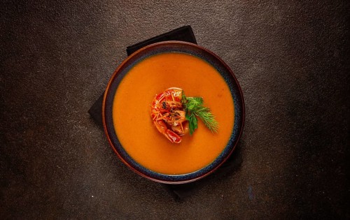 Shrimp cream soup, bisque soup, French cuisine, homemade, no people