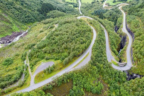Hairpin curves in valley Hjelledalen east of Stryn, Norway, Europe