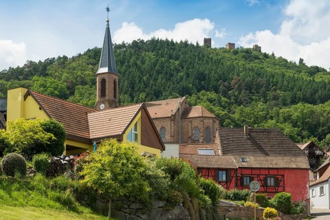 Village in the vineyards and castle ruins, Les Trois Châteaux d'Eguisheim, Husseren-les-Châteaux,
