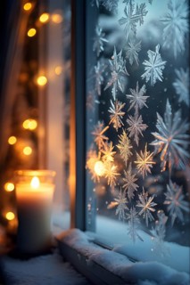 Snow-covered window with frost patterns, candlelight softly glowing through the glass, and warm,