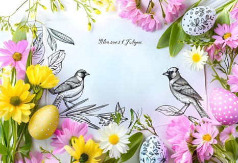Easter card with delicate hand-drawn illustrations, placed among fresh flowers and decorated eggs,