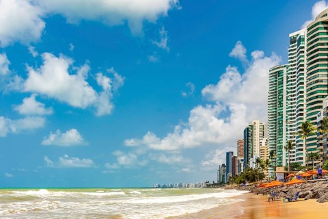 Famous Boa Viagem beach with its seaside buildings in the city of Recife, state of Pernambuco,