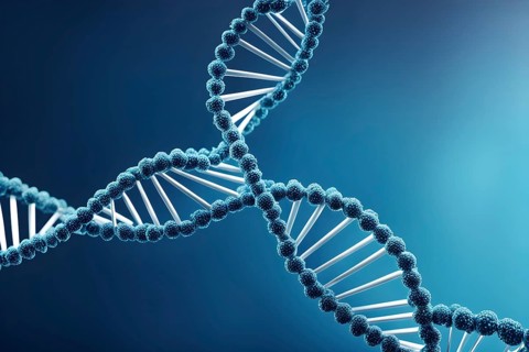 DNA double helix structure against gradient blue background, AI generated