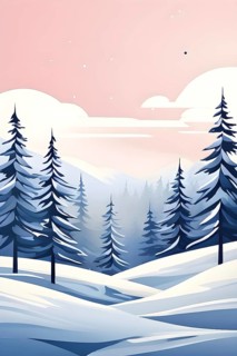 Abstract winter wonderland with minimalist stylized pine trees and snowdrifts using soft pastel