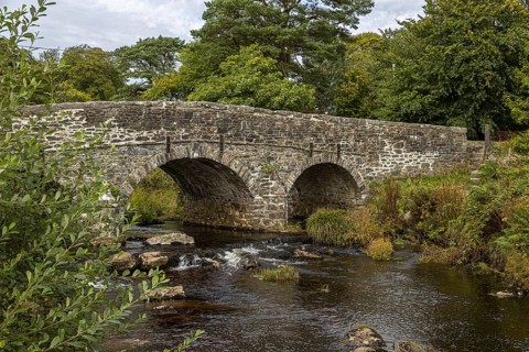 Two-arched stone bridge over a river, surrounded by trees and vegetation, in Dartmoor National Park