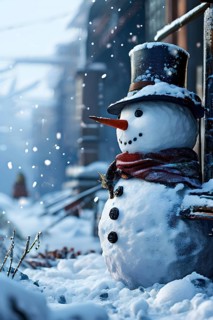 Snowman in an idylic winter urban scenery, snow-covered streets and buildings in background,