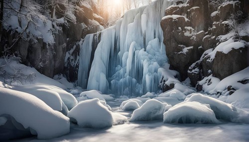 Winter landscape of a frozen waterfall, surrounded by icicles and snow-covered rocks, with the