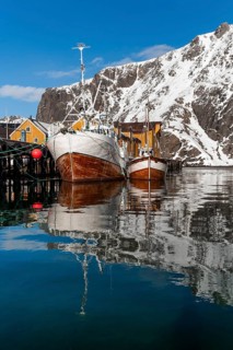 Fishing boats, fishing village with yellow houses in front of snowy mountains, Nusfjord,