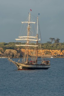 Large traditional sailing boat in a bay on the Atlantic. Camaret sur mer, Crozon, Finistere,