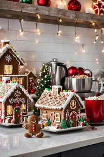 Kitchen counter filled with Christmas cookies, gingerbread houses, and mugs of hot chocolate, with