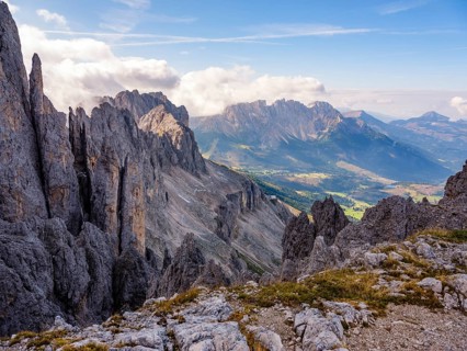 View from the Santner Pass over rose garden and Latemar, rose garden Group, Dolomites, South Tyrol,