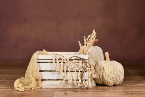 Newborn digital backdrop with empty white wooden box with pumpkin and on brown background