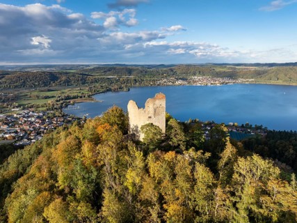 Aerial view of Lake Constance, Überlinger See, with the ruins of Altbodman on the Bodanrück, above