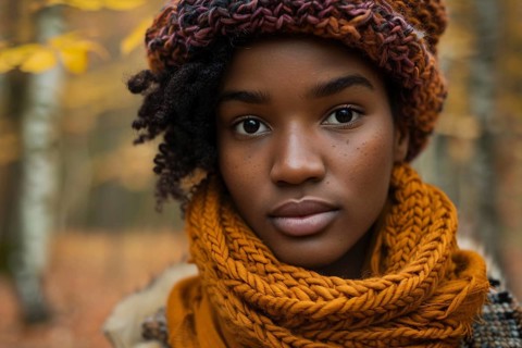 Young african american woman with knitted hat and scarf in autumn forest in background. Generative