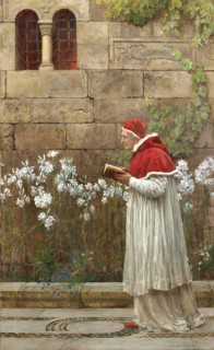A pope in a white robe and red hat reads a book in a garden, surrounded by white flowers in front