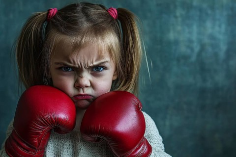 Angry young girl child with large red boxing gloves. Generative Ai, AI generated