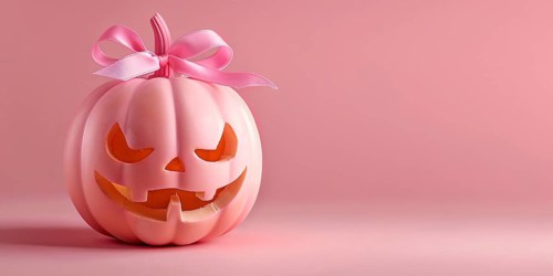 Banner with cute pink carved pumpkin with ribbon on stem in front of pink studio background.