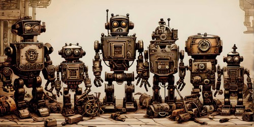 Team of robots styled as vintage toys poised atop an antique wooden table, AI generated