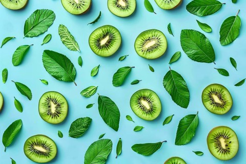 Top view of kiwi fruit slices and leaves on blue background. Generative Ai, AI generated