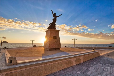 Mazatlan, Mexico-10 April, 2019: Famous Mazatlan sea promenade (El Malecon) with ocean lookouts and