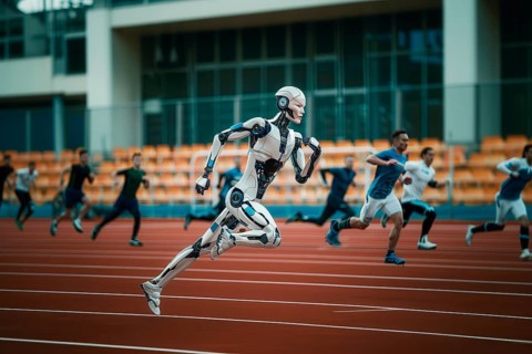 Futuristic humanoid cyborg competing with humans in a Stadium, AI generated