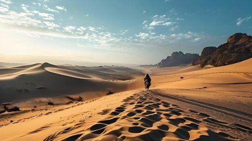 Lone camel rider traversing the rough gobi desert landscape, AI generated
