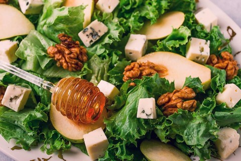 Keto Salad, pear with blue cheese and walnut, selective focus, no people, close-up