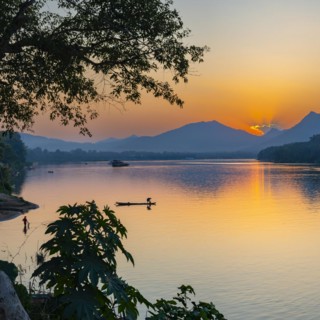 Sunset on the Mekong near Luang Prabang, Laos, Asia