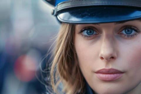 Close up of face of female police officer. KI generiert, generiert, AI generated