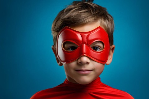 Young boy child with red superhero face mask on blue background. KI generiert, generiert, AI