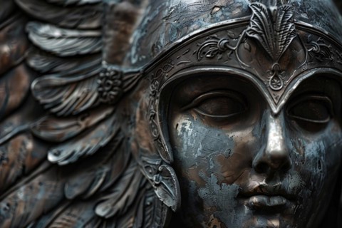 Close up of statue of woman with Norse mythology Valkyrie helmet. Generative AI, AI generated