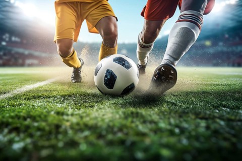 Two soccer players struggle dribble and kick a ball on a football stadium field, AI generated