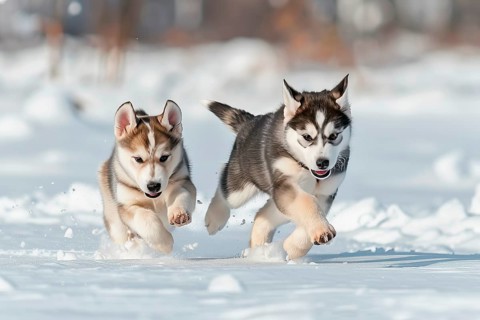 Two cute Alaskan Husky pups running in snow, AI generated