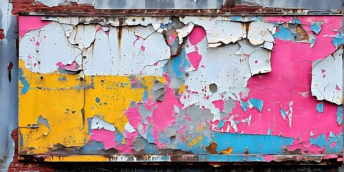 Grunge ripped torn placard posters background in white, pink, blue and yellow colors, AI generated