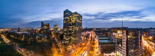 Panorama aerial view Dancing Towers at blue hour with Reeperbahn, St. Pauli, Hamburg, Germany,