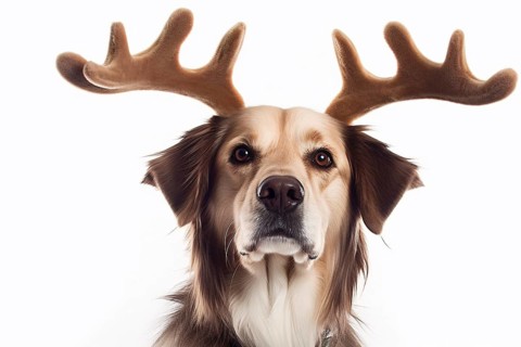 Dog with reindeer Christmas costume antlers on white background. KI generiert, generiert AI