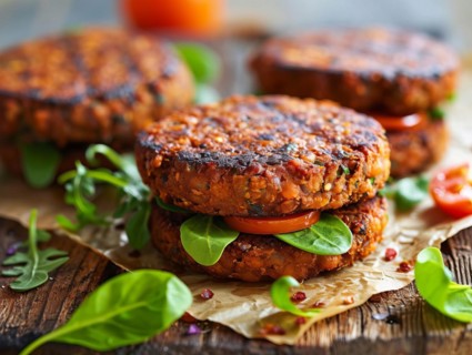 Fresh tasty organic healthy plant-based beef patties with onion, cheese and vegetables, AI