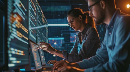 Developers and programmers checking code for bugs and providing fixes in team environment, AI
