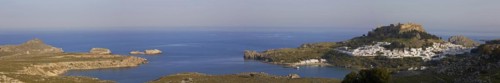 Panorama shot, evening light or late afternoon light, Acropolis and St John's Fortress of Lindos,