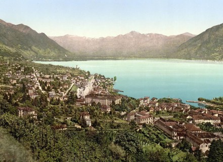 View of the town of Locarno in Ticino in Switzerland, Historical, digitally restored reproduction