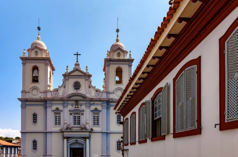 Facade of the cathedral and historic houses in the city of Diamantina in the state of Minas Gerais,