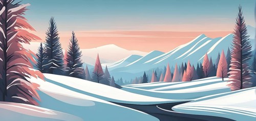Abstract winter wonderland with minimalist stylized pine trees and snowdrifts using soft pastel