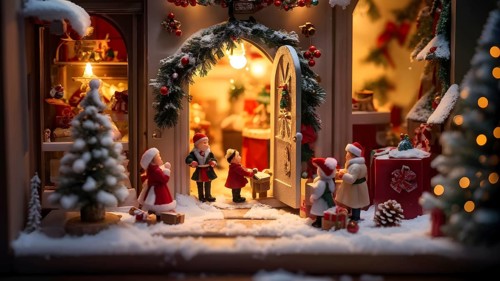 Traditional advent calendar door opening, showing a tiny festive scene inside with miniature