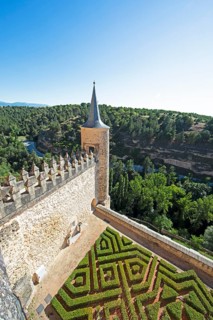 Tower and garden in the Alcázar or castle of Segovia, province of Segovia, Castile and Leon, Spain,