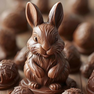 Easter bunny figurine made of chocolate, with a soft focus on intricate patterns and glossy